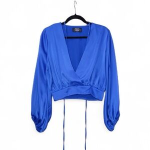 Italian Made Blue Satin Long Sleeve Wrap Top